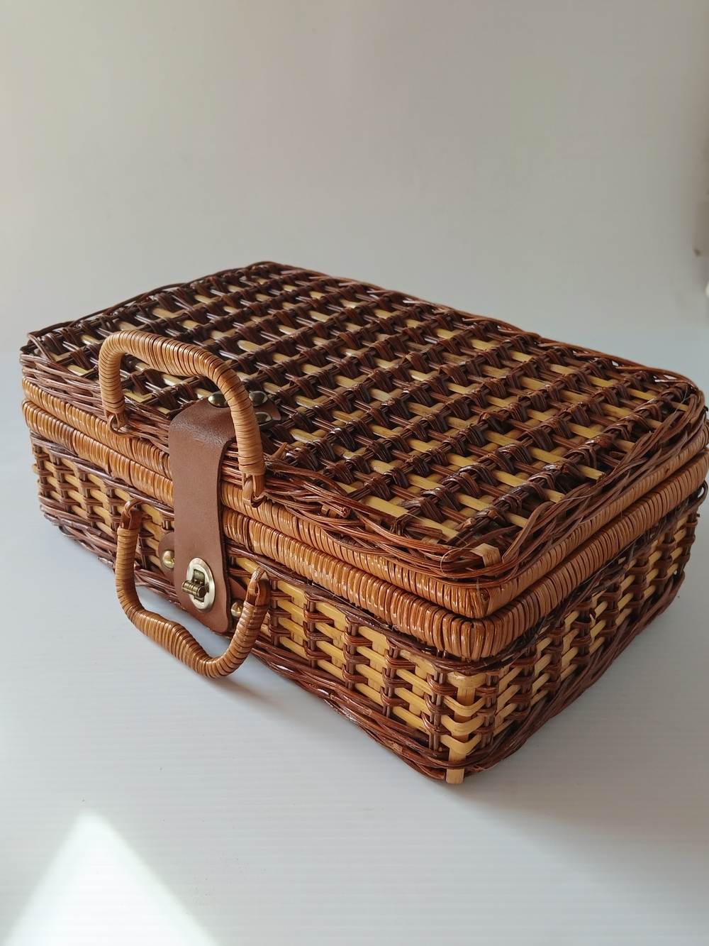 Vintage Brown Woven Picnic Basket with Leather Strap